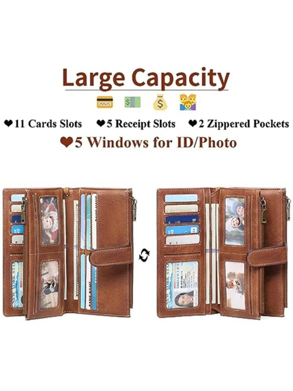 Womens RFID Wristlet Wallet Large Capacity Vegan Leather Card Holder Brown